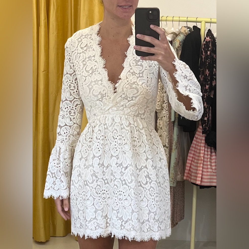 Happy Isles Dress - White Floral Crochet Long Sleeve Mini Dress with V Neck